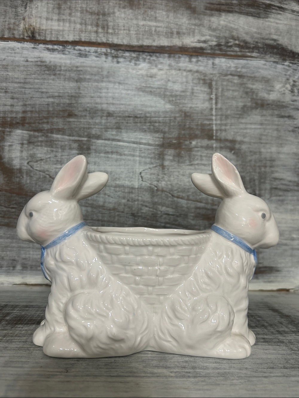 Vintage Ceramic Double Bunny Planter in White with Blue Accents